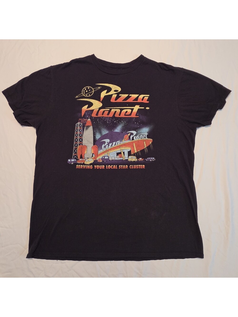 Disney Pixar Toy Story Pizza Planet Graphic T-Shirt Large Black Retro